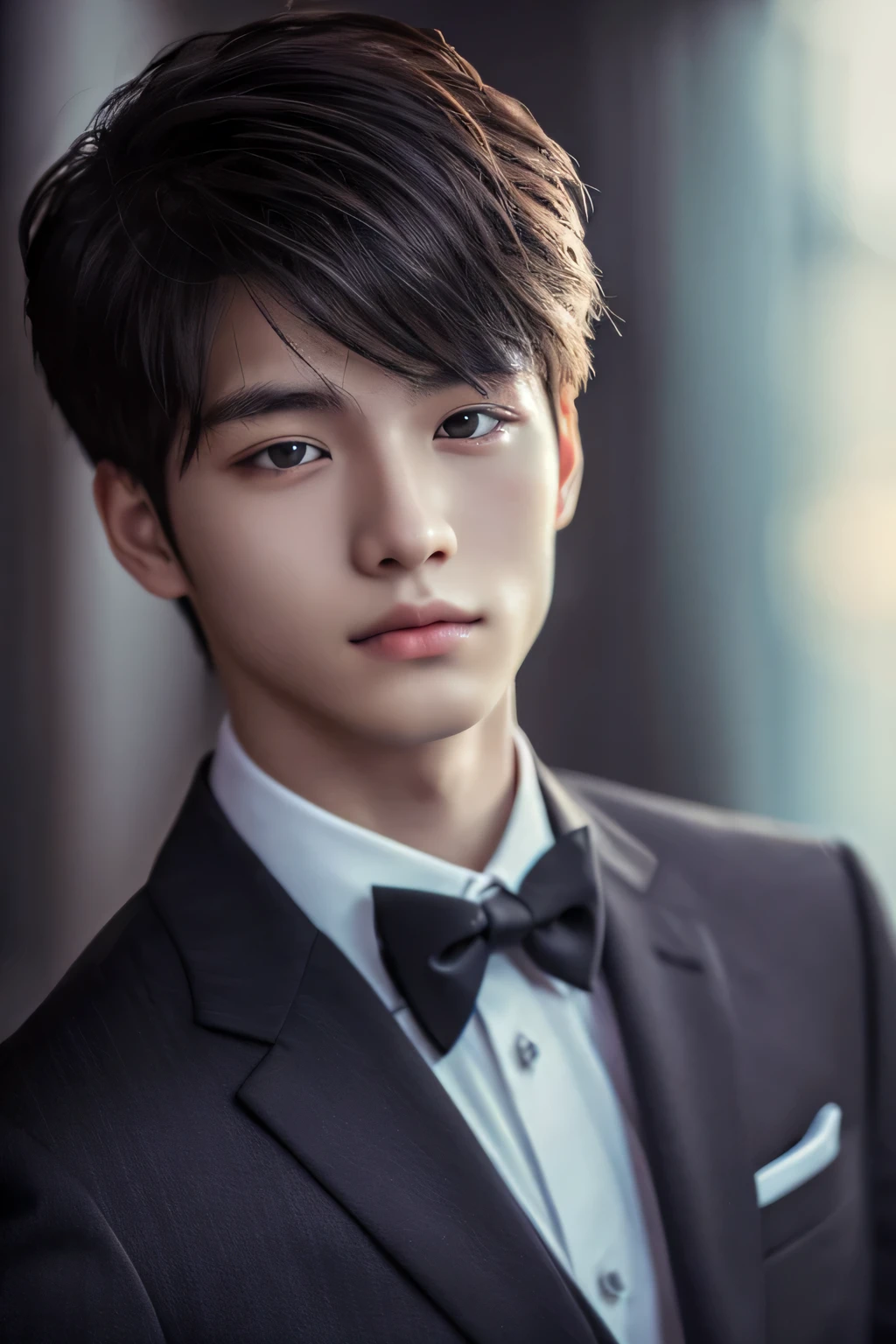 Highest quality, masterpiece, Ultra-high resolution, (Realistic: 1.4), Original photo, wallpaper, Head Photo, skin, Simple Background, Iris, detailed, Selfie, 1 boy, 18-year-old, good looking, Wind,night、suit