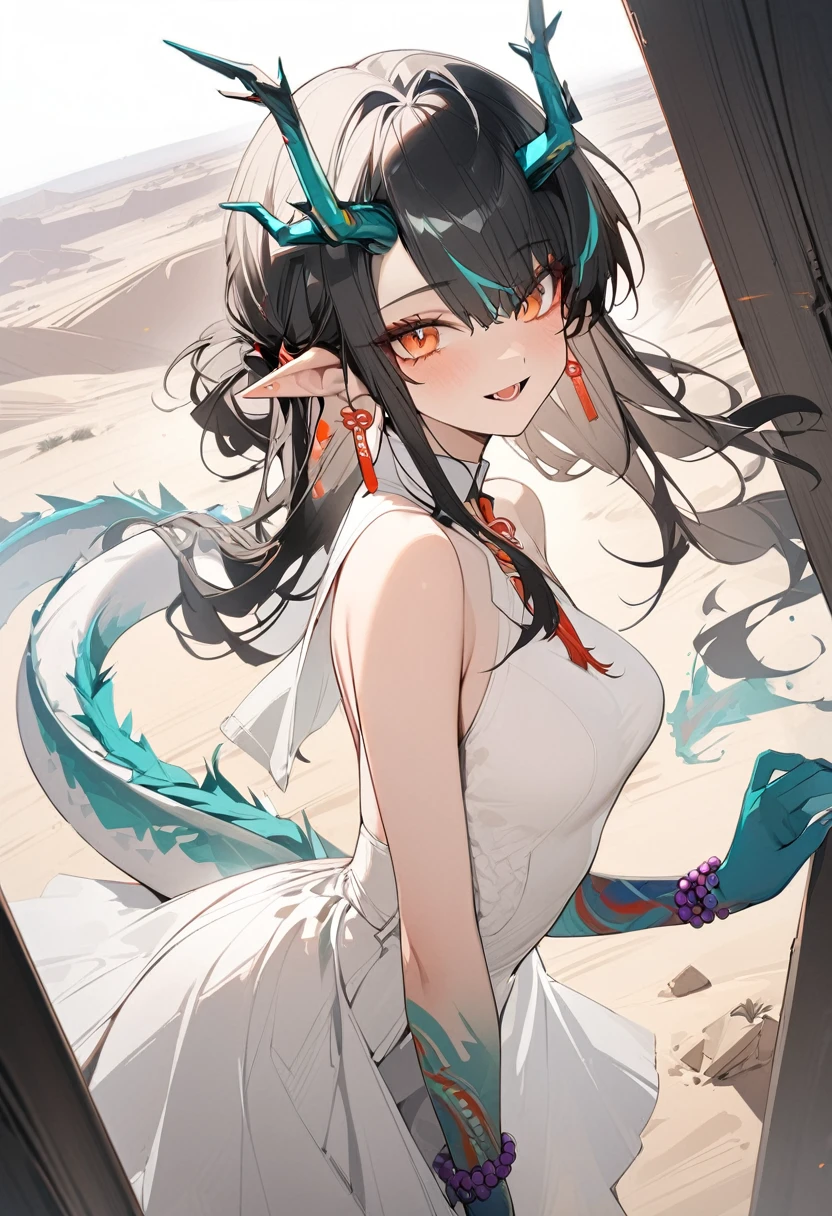 1girl, dusk \(arknights\), arknights,(masterpiece, best quality), newest, dress , original outfit , black hair, horns, agm, dragon tail , orange eyes, desert  , happy , open mouth