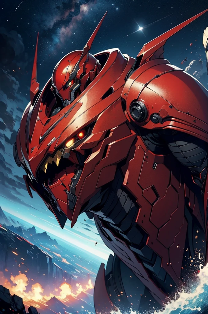 masterpiece, high quality, Big man, red armor, diving tanks, Red eyes, black sclera, SERIOUS LOOK, black trident, advanced age, black hair, strong, great bearing, space background, planets, visible face