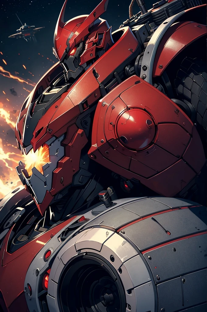 masterpiece, high quality, Big man, red armor, diving tanks, Red eyes, black sclera, SERIOUS LOOK, black trident, advanced age, black hair, strong, great bearing, space background, planets, visible face