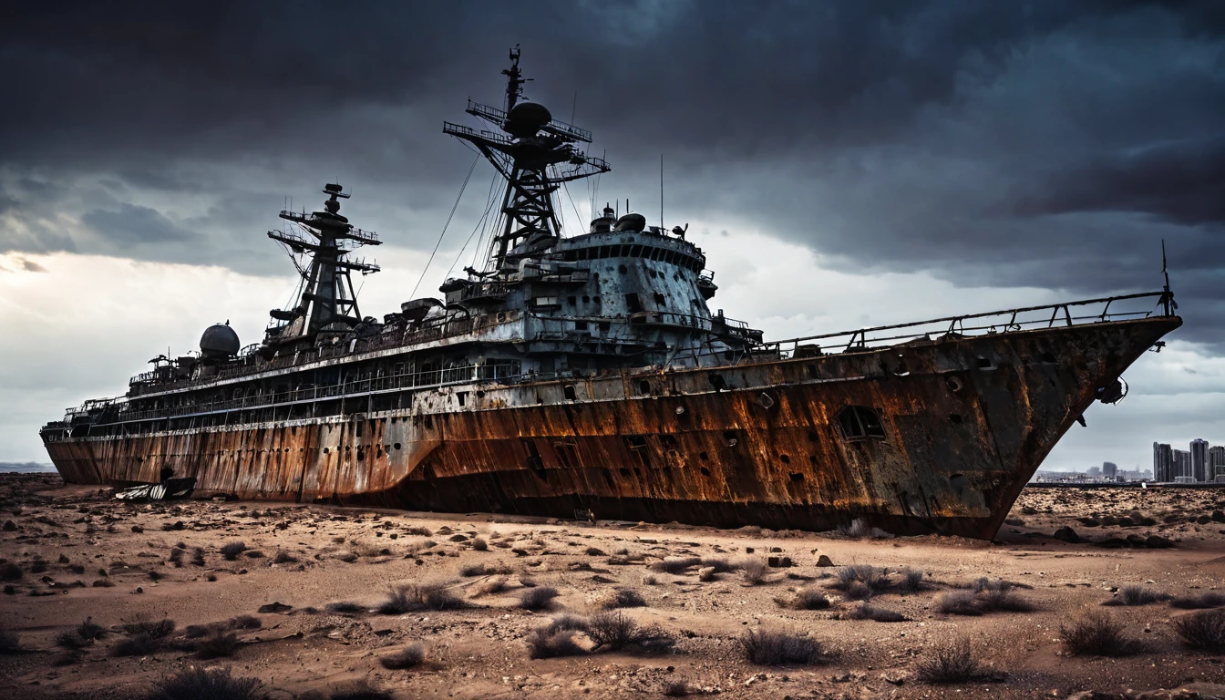 large rusty warship abandoned post apocalyptic night desert dark cloudy city in the background
