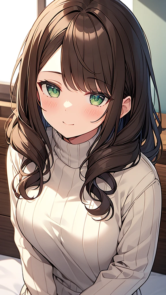 Woman with medium-sized curly-BROWN hair, GREEN eyes; wearing a cute white sweater with long sleeves. (Cute), (Mother), (gentle gaze), (loving), :)