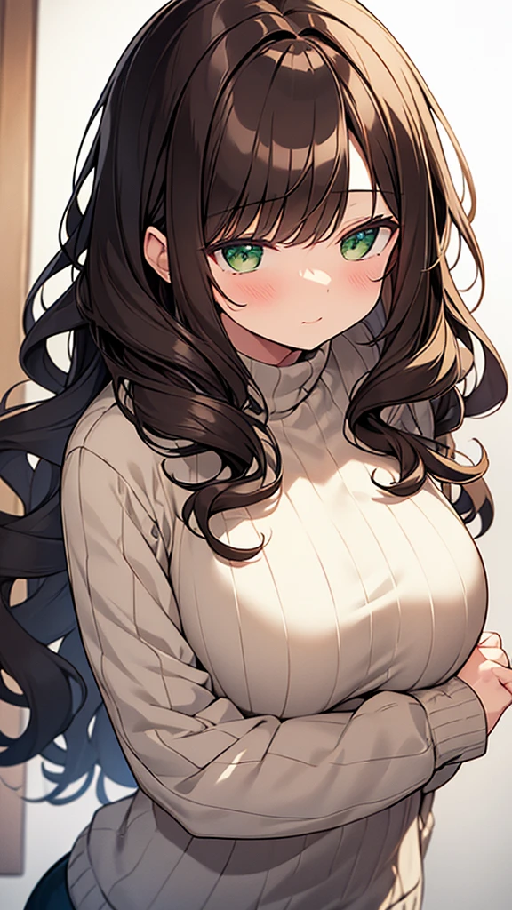 Woman with medium-sized curly-BROWN hair, GREEN eyes; wearing a cute white sweater with long sleeves. (Cute), (Mother), (gentle gaze), (loving), :)