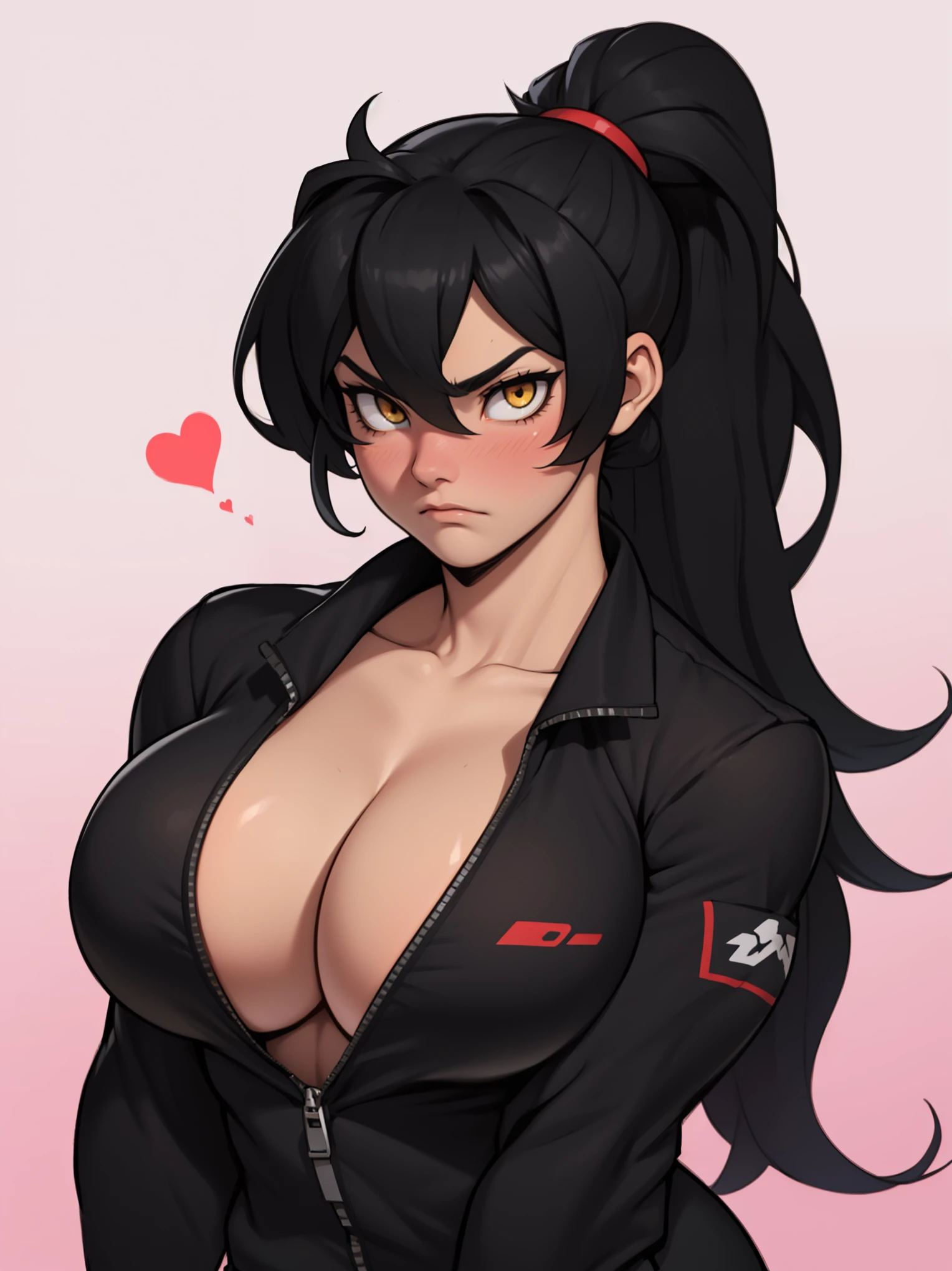 girl muscles huge breasts pale skin very long hair black hair yellow eyes sad blushing solo frown ponytail