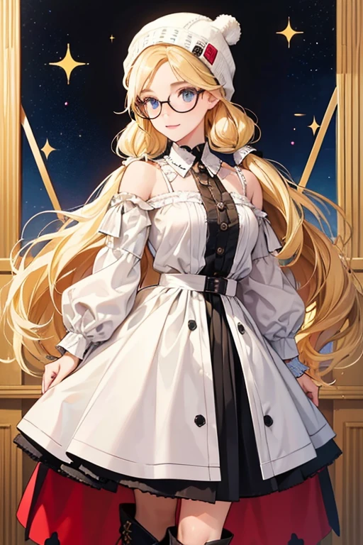 She has beautiful long blonde hair with two pigtails, clothing details and gorgeous fashions. Her outfit is inspired by a cow. Her outfit pieces are a dress, beanie hat, stylized glasses, and a pair of cowboy boots.  SPARKLE; GLITTER