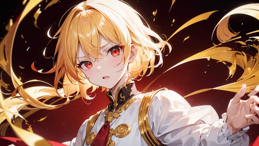 (Highest quality)　(4K)　(8k)　(High resolution)　(masterpiece:1.2)　(Super detailed)　One boy　short hair　emperor　Red eyes　Long sleeve　Golden decoration　Hair between the eyes　White Dress　Wavy golden hair　Upper Body　(White Background)　front　Get angry