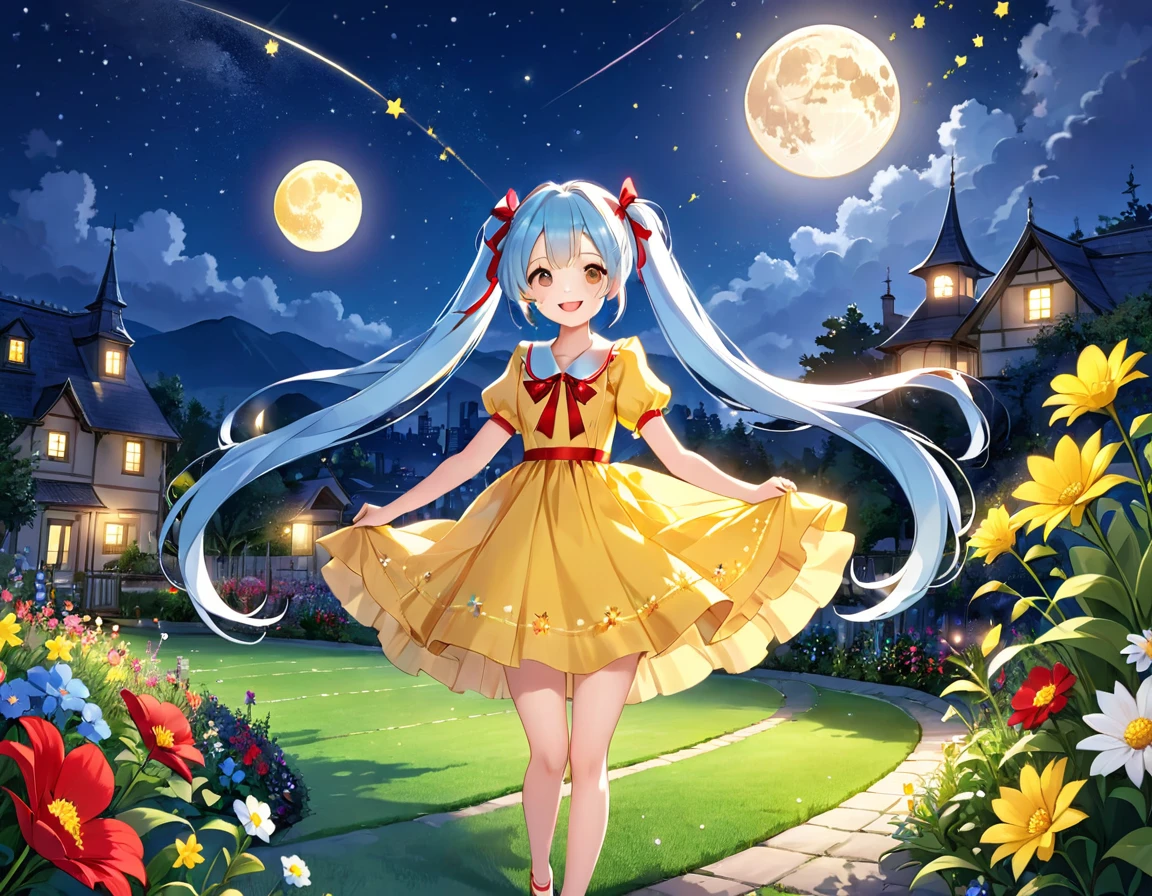 Light blue long hair、Beautiful girl with twin tails、The dress has a cute big red ribbon、Yellow Dress、Bright smile、Night Sky、Big Moon、shooting star、Face Highlights、A lawn garden with lots of flowers blooming