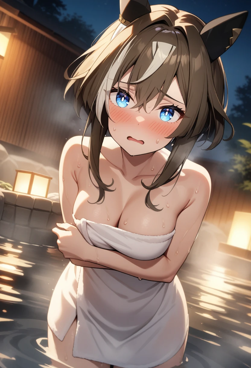 1girl, cheval grand \(umamusume\), medium breasts, sweat, blue eyes, cowboy shot, coufused, embarrassed, looking at viewer, blushed, towel, naked towel, onsen, standing, night, cinematic angle, (masterpiece), (best quality), (ultra-detailed), very aesthetic, illustration, disheveled hair, perfect composition, moist skin, intricate details