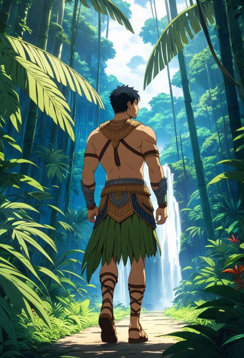 masterpiece, best quality, vivid colors), A fighter in a jungle exploring the surroundings, 1man, Alone, adult, black hair, Brown eyes, very detailed eyes, combat clothing, intricate details, anime screencap, ( view from side), the background is a tropical jungle