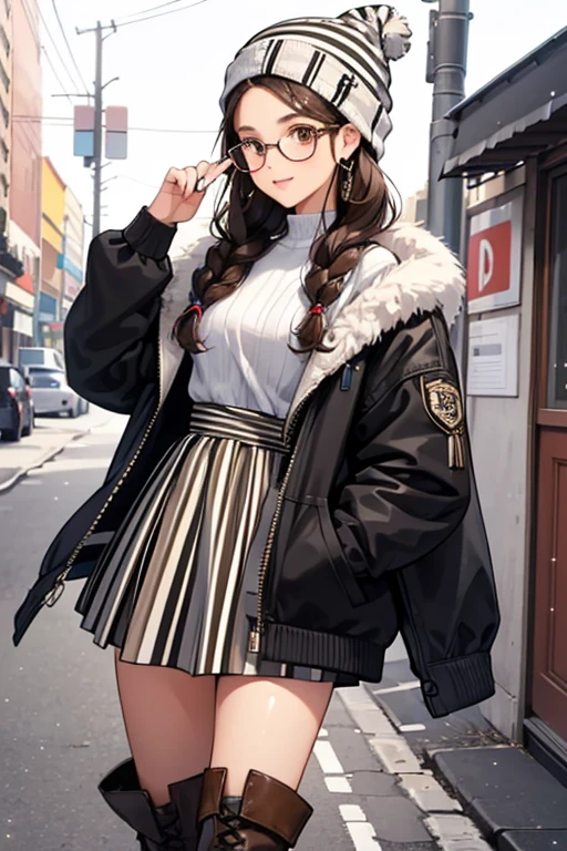 She has beautiful braided dark brown hair, clothing details and gorgeous fashions. Her outfit is inspired by a zebra. Her outfit pieces are a puff jacket, skirt, beanie hat, stylized glasses, and pair of boots. SPARKLE; GLITTER