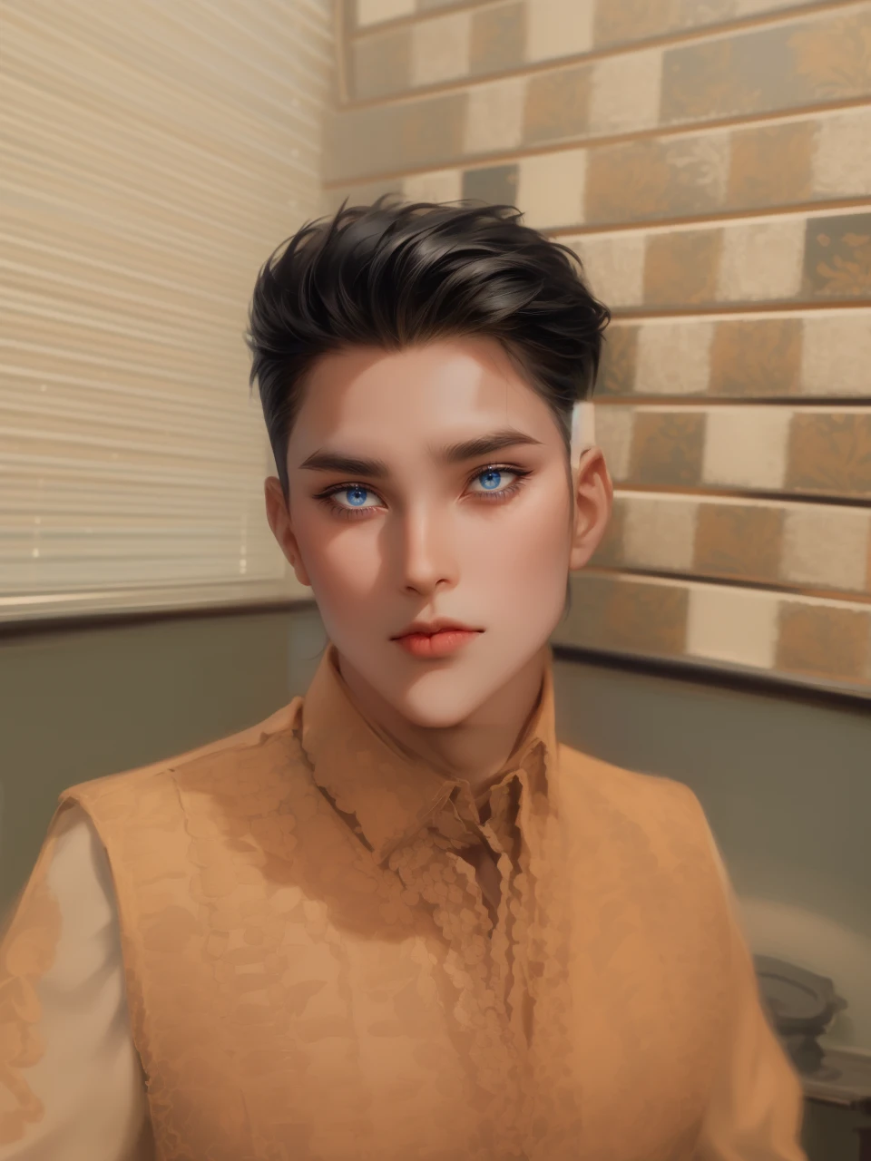 (masterpiece,best quality,ultra_detailed,highres,absurdres, detailed light, detailed shadow),1 ((mature)) male, ((mature face)) 30-ish, (board shoulder), (muscular), male focus, solo, black hair (no highlight), chain, shirt, black necktie, necktie, simple background, blue eyes, full body shot (head to toe),  vest, short hair (bangs part in 3:7 ratio), looking at viewer, parted lips, collared shirt, round eyewear, long sleeves, black shirt, he stands next to the window, bedroom background, night time, night light, black vest, monocle, jewelry, dutch angle, detailed background.