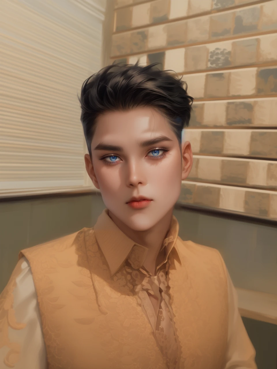 (masterpiece,best quality,ultra_detailed,highres,absurdres, detailed light, detailed shadow),1 ((mature)) male, ((mature face)) 30-ish, (board shoulder), (muscular), male focus, solo, black hair (no highlight), chain, shirt, black necktie, necktie, simple background, blue eyes, full body shot (head to toe), vest, short hair (bangs part in 3:7 ratio), looking at viewer, parted lips, collared shirt, round eyewear, long sleeves, black shirt, he stands next to the window, bedroom background, night time, night light, black vest, monocle, jewelry, dutch angle, detailed background.