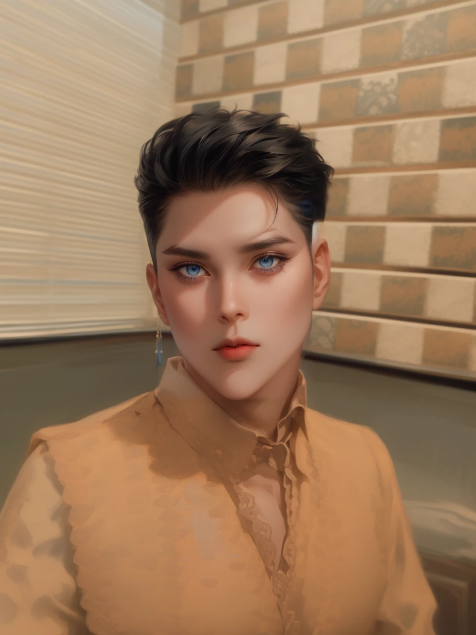 (masterpiece,best quality,ultra_detailed,highres,absurdres, detailed light, detailed shadow),1 ((mature)) male, ((mature face)) 30-ish, (board shoulder), (muscular), male focus, solo, black hair (no highlight), chain, shirt, black necktie, necktie, simple background, blue eyes, full body shot (head to toe), vest, short hair (bangs part in 3:7 ratio), looking at viewer, parted lips, collared shirt, round eyewear, long sleeves, black shirt, he stands next to the window, bedroom background, night time, night light, black vest, monocle, jewelry, dutch angle, detailed background.