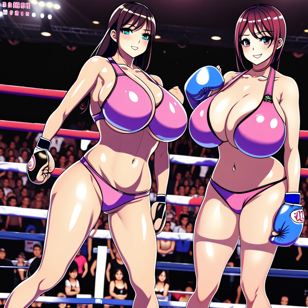 NSFW , Fullbody drawing wide view , Kawaii face , hentai style , The Sexy oppai boxing wars , In shanghai Street boxing rings , Wear athletic Olympic costume , Fighting Two boxer girls , Wear boxing groves , So huge oppai , Fighting scenes.