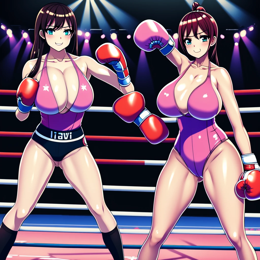 NSFW , Fullbody drawing wide view , Kawaii face , hentai style , The Sexy oppai boxing wars , In shanghai Street boxing rings , Wear athletic Olympic costume , Fighting Two boxer girls , Wear boxing groves , So huge oppai , Fighting scenes.