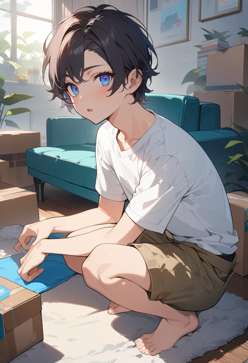 masterpiece, best quality, extremely detailed, ultra detailed, flat anime, 2D, ((1boy)),black hair, (short hair:1.5),blue eyes, height 1.7meters, (circle eyes:1.2), (young adult:1.2), Ear-length sideburns, long Sleeves, White T-shirt, barefoot, ((short sleeves)), ((long pants)), squatting, open mouth, summer, 12AM, livingroom,organizing the boxes., ((portrait)),full body,expressionless