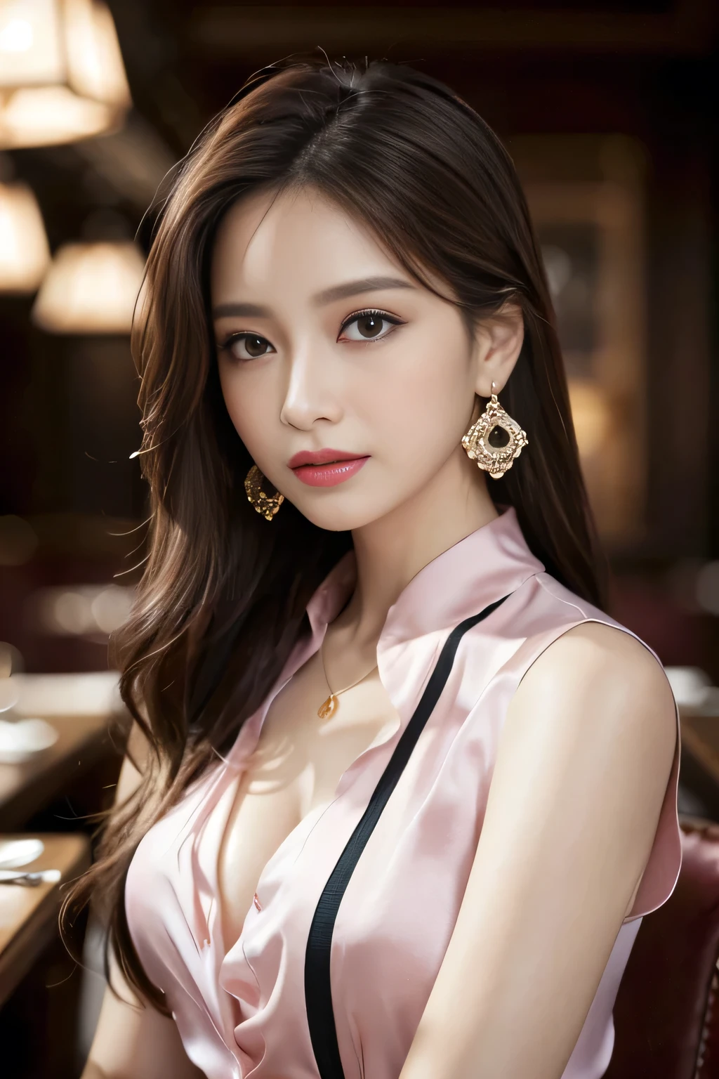 masterpiece, Highest quality, Realistic, Very detailed, Finer details, High resolution, 8k wallpaper, One beautiful woman, Wear a fine pink silk shirt, In a great restaurant, At night, Light brown messy hair, Perfect dynamic composition, Beautiful and beautiful eyes、Big earrings、chest、Sleeveless shirt、