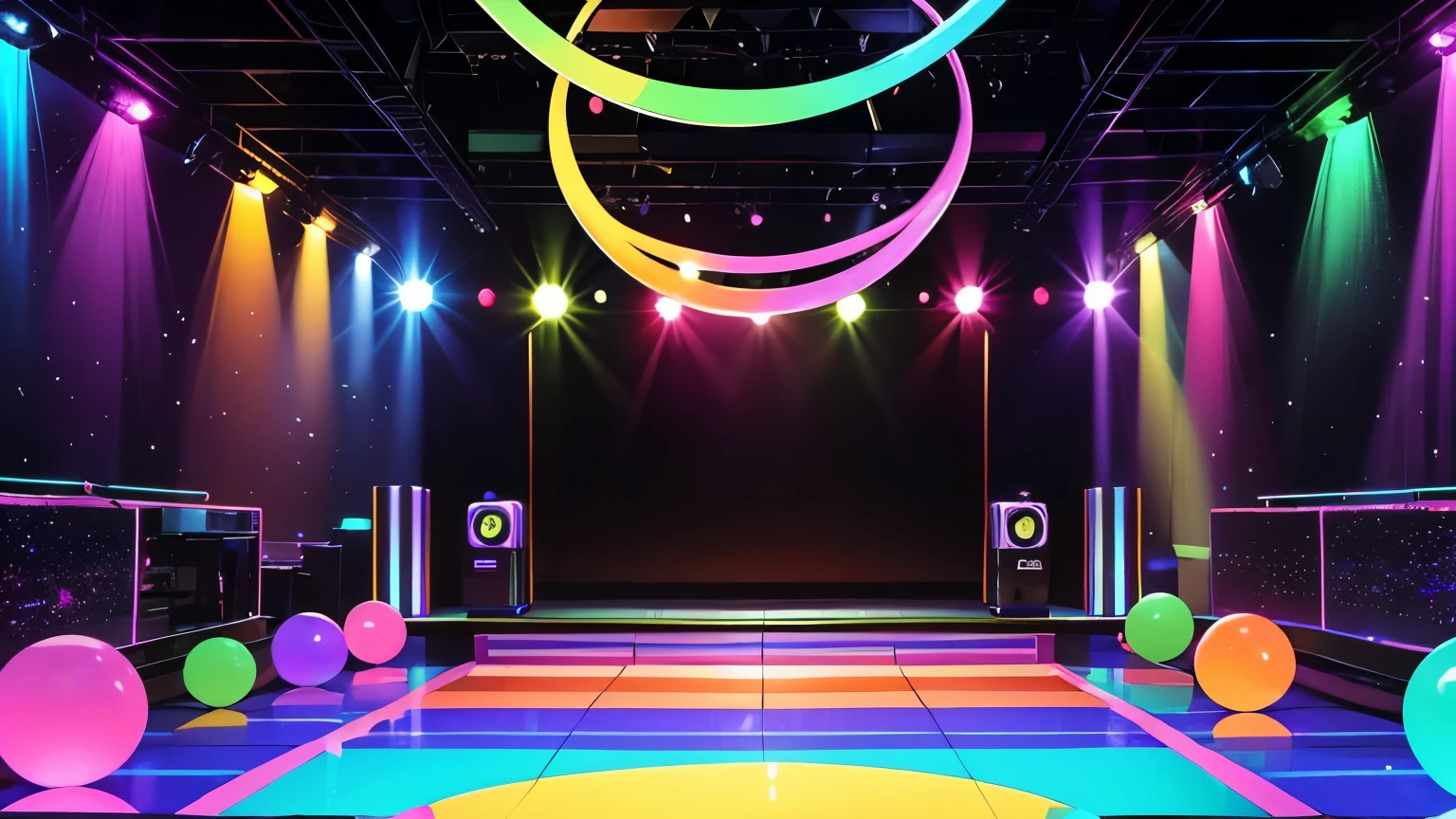 criar um ambiente de disco on 70,80s , eletronic style, stage, lights, power speakers,amplicadores de som,equelizadores, no figures no ambiente, color lights decoration, unique disco, globos de cristal de discoteca girando
