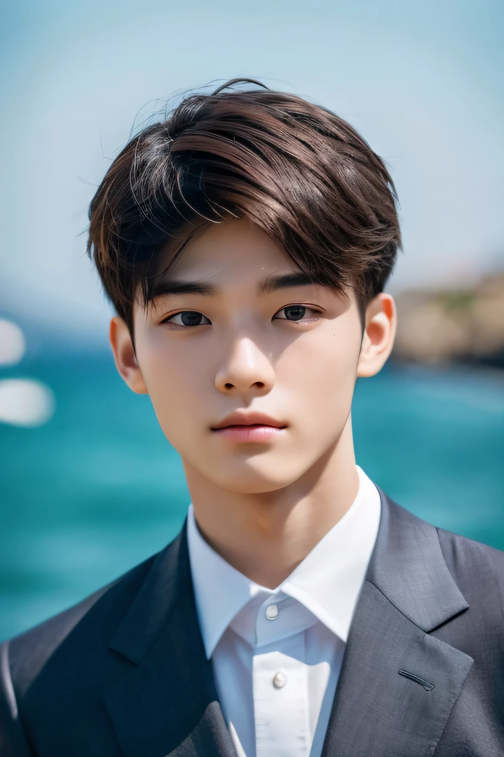 Highest quality, masterpiece, Ultra-high resolution, (Realistic: 1.4), Original photo, wallpaper, Head Photo, skin, Simple Background, Iris, detailed, Selfie, 1 boy, 18-year-old, good looking, Wind,suit、Rocky area