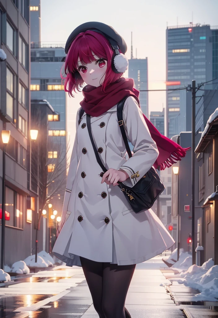 canary, Arima etc., short hair, bangs, (Red eyes:1.3), Redhead, Bobcut, smile,Earmuffs,Knitted hat,Purple Scarf,White long coat,V-neck sweater,Long skirt,Black Pantyhose,short boots,snow,snow,snow,snow,snowが積もっています,snowが降る,whole bodyがイラスト入るように,Hiding in a roofed building,
break outdoors, construction area,
break looking at viewer, whole body,
break (masterpiece:1.2), Highest quality, High resolution, unity 8k wallpaper, (shape:0.8), (Beautiful attention to detail:1.6), Highly detailed face, Perfect lighting, Extremely detailed CG, (Perfect hands, Perfect Anatomy),
