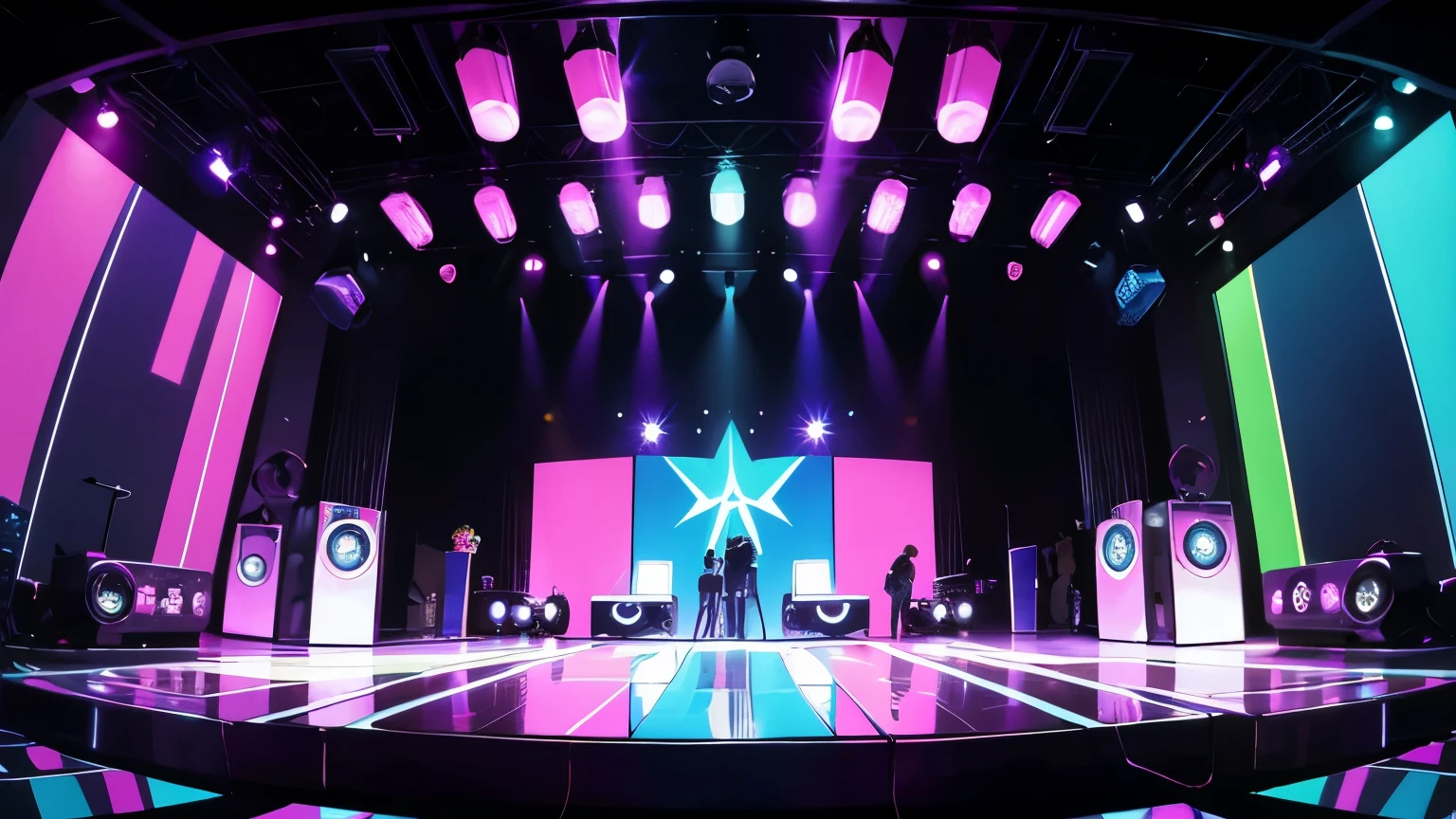 criar um ambiente de disco on 70,80s , eletronic style, stage, lights, power speakers,amplicadores de som,equelizadores, no figures no ambiente, color lights decoration, unique disco, globos de cristal de discoteca girando