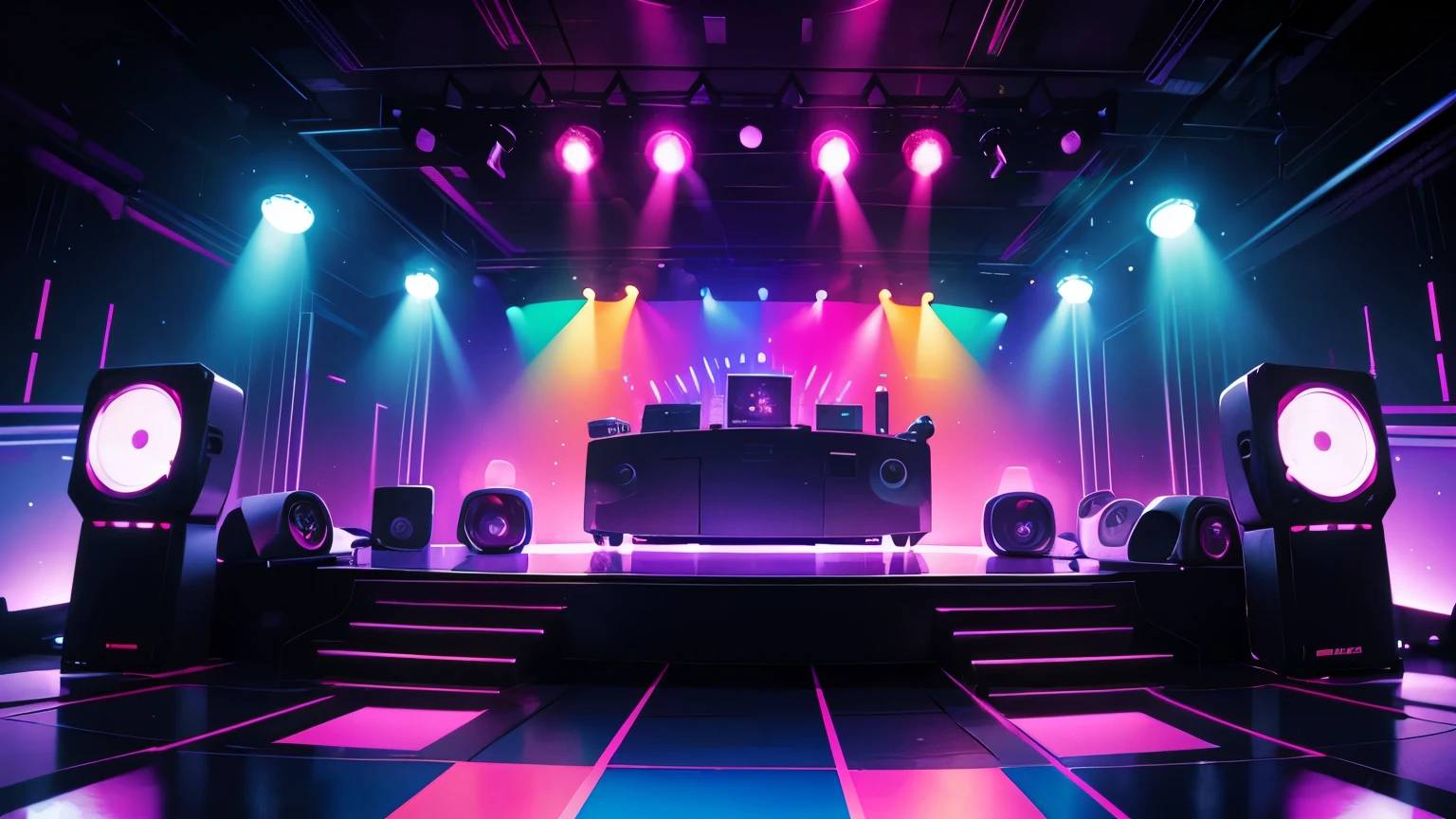 create a disk environment on 70,80s , electronic style, Well-lit stage with light colors, lights, power speakers,sound amplifiers,equalizers, no figures no environment, color lights decoration, unique disco
