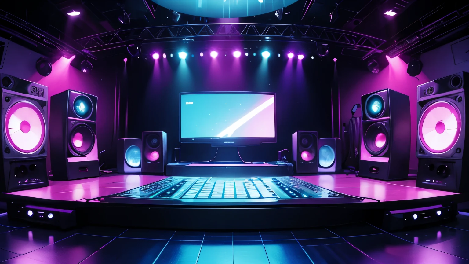 create a disk environment on 70,80s , electronic style, Well-lit stage with light colors, lights, power speakers,sound amplifiers,equalizers, no figures no environment, color lights decoration, unique disco
