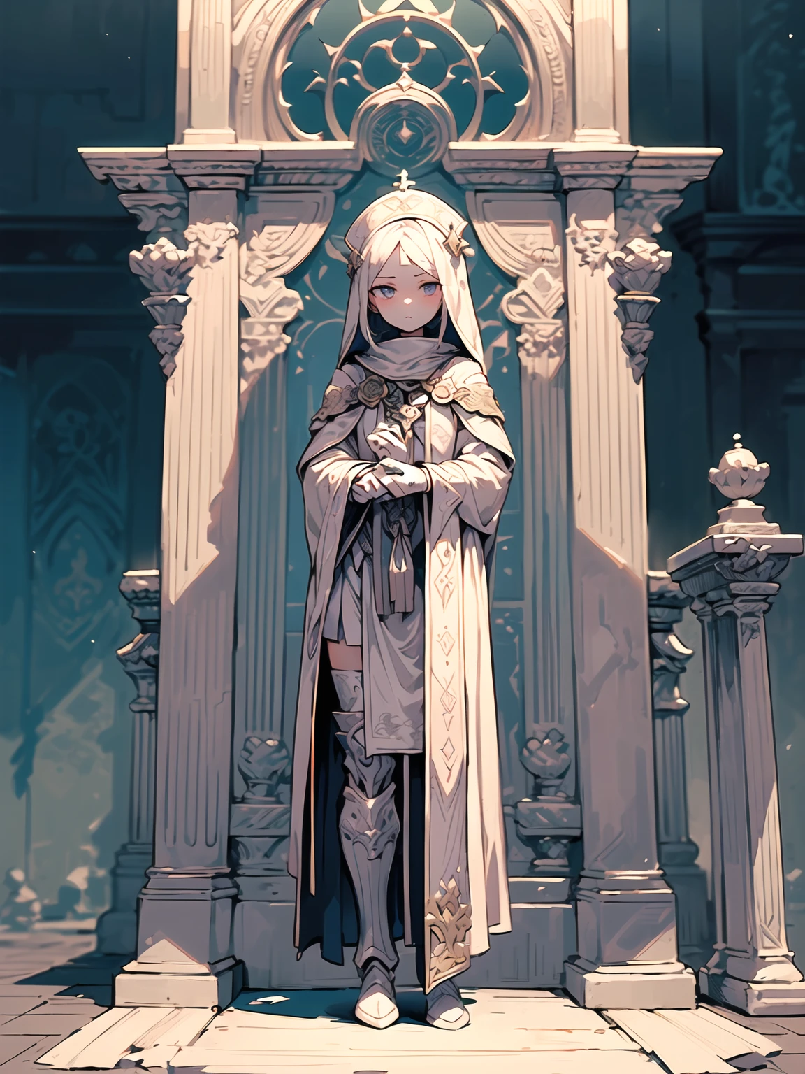 (((masterpiece, best quality, high detailed, 8k))) Design a layout showcase Gaming character, (1girl). White|Gold clothes, stylish and unique. ((showcase weapon:1.4)), holy scepter. (masterpiece:1.2), (best quality), 4k, ultra-detailed. (Step by step design, layout art:1.5), (luminous lighting, atmospheric lighting). priestess, ((glove full hands)), (((revealing clothes:1.3))), vambraces, armored legwear, (((full_body_shot:1.4))). {In a sacred temple}.