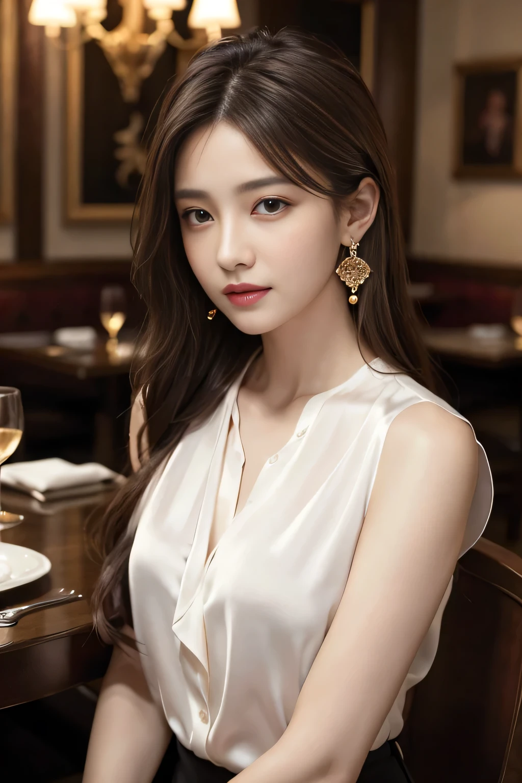 masterpiece, Highest quality, Realistic, Very detailed, Finer details, High resolution, 8k wallpaper, One beautiful woman, Wear a silk shirt in a good color, In a great restaurant, At night, Light brown messy hair, Perfect dynamic composition, Beautiful and beautiful eyes、Big earrings、chest、Sleeveless shirt、