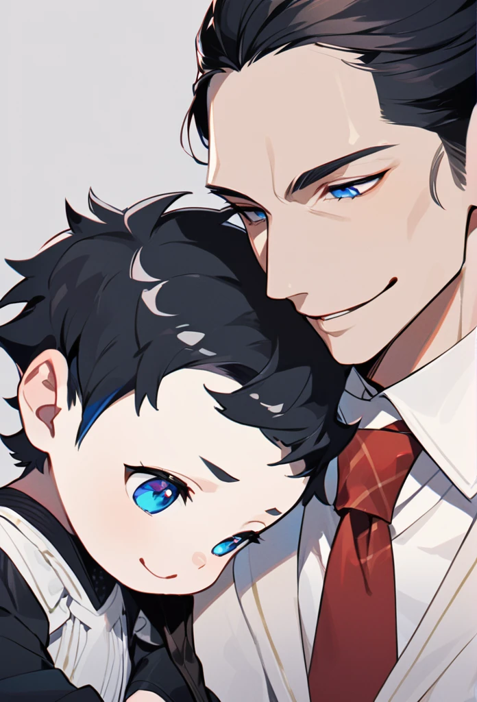 alone, elegant, 1 male, short hair, black fur, half and half, blue eyes, detailed, White shirt, Red tie, , adorable bahes, bebe con b fur, father and son, smile, ojos detaileds, gentle