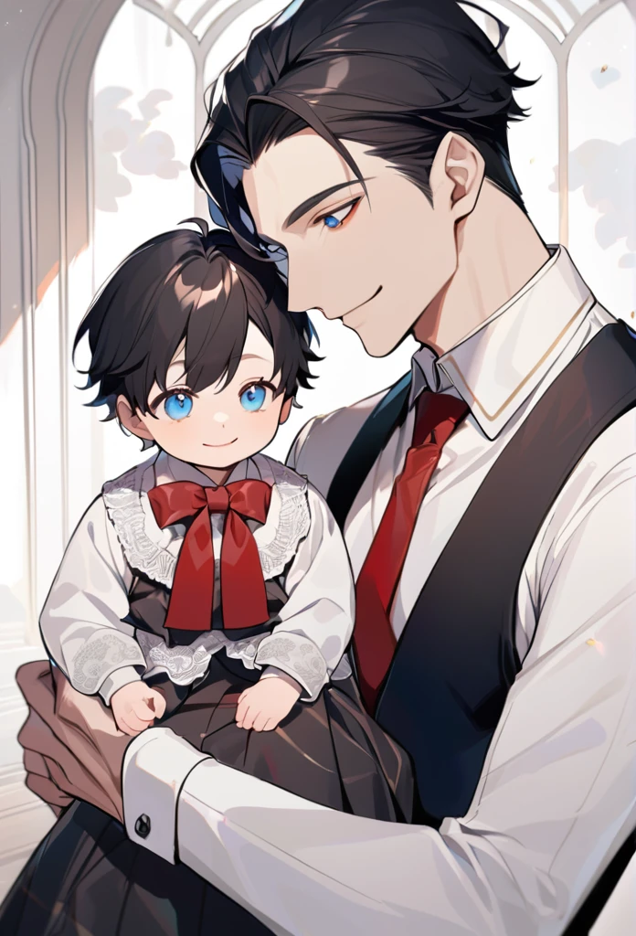 alone, elegant, 1 male, short hair, black fur, half and half, blue eyes, detailed, White shirt, Red tie, Little baby, adorable baby, baby clothes, bebe con black fur, father and son, smile, ojos detaileds, gentle