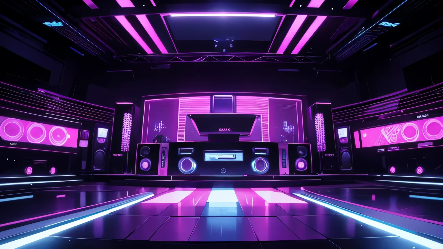 create a disk environment on 70,80s , electronic style, Well-lit stage with light colors, lights, power speakers,sound amplifiers,equalizers, no figures no environment, color lights decoration, unique disco
