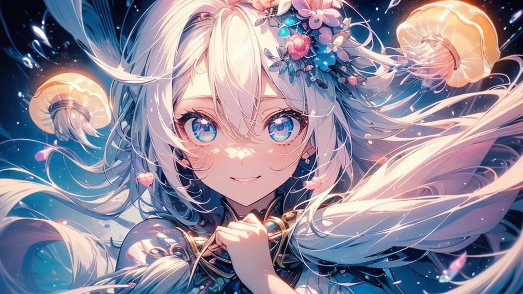 (((Highest quality、Cute moon jellyfish、masterpiece、Ultra-fine、Ultra-fine、Exquisite、16K、Black Hair、Full HD、Asahi、high school girl、))) 、 ((((The best smile,Angle from above)))Blue Eyes、Long eyelashes、White skin、(Pale pink lips、Pale pink cheeks、thin and long)、 (((cute)) ((One person)) 、((The best smile)) 、(epic proportion)、