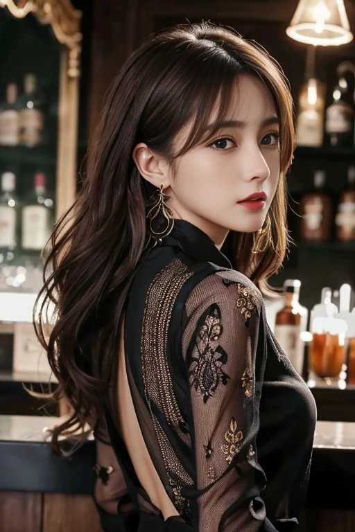 masterpiece, Highest quality, Realistic, Very detailed, Finer details, High resolution, 8k wallpaper, One beautiful woman, Wear a black see-through shirt, Great bar counter, At night, Light brown messy hair, Perfect dynamic composition, Beautiful and beautiful eyes、Big earrings、Back view、