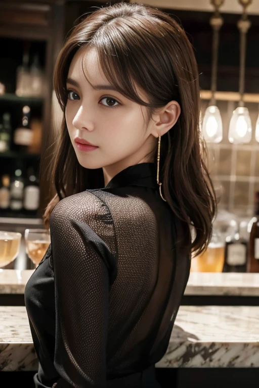 masterpiece, Highest quality, Realistic, Very detailed, Finer details, High resolution, 8k wallpaper, One beautiful woman, Wear a black see-through shirt, Great bar counter, At night, Light brown messy hair, Perfect dynamic composition, Beautiful and beautiful eyes、Big earrings、Back view、