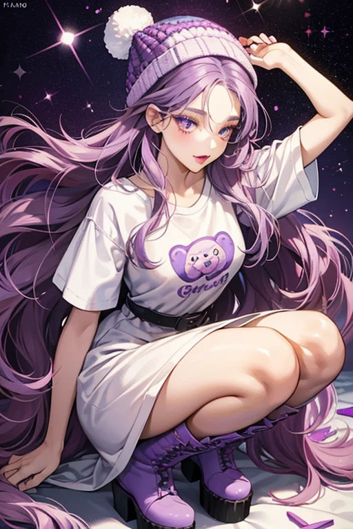 Lizzy has long, rooted wavy purple hair styled with a center part and teddy bear-inspired fuzzy beanie. Her makeup consists of light purple eyeshadow with fandago lipstick. She wears a t-shirt dress combo with New York-inspired patches and molded lavender platform boots. SPARKLE; GLITTER