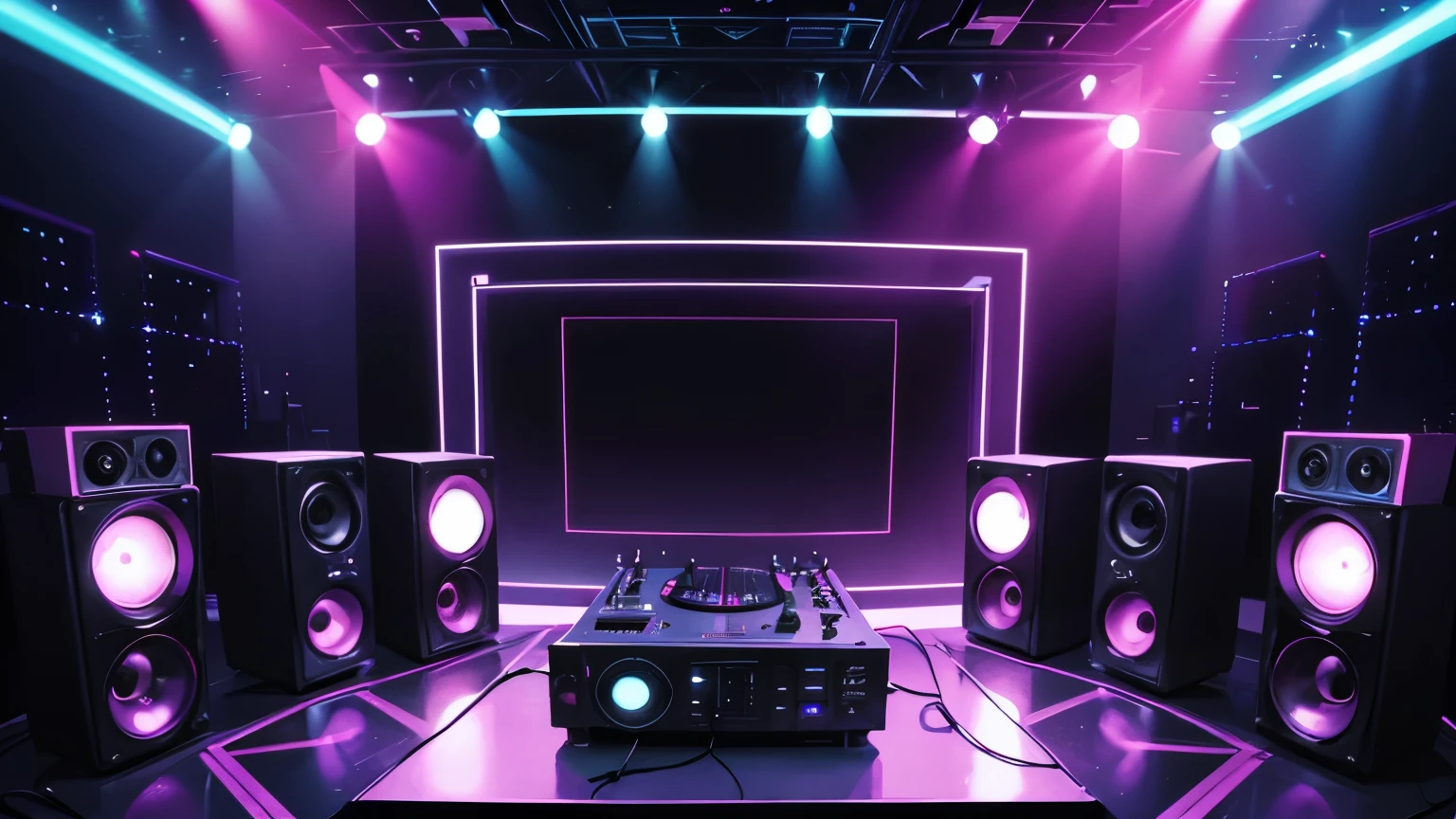 create a disk environment on 70,80s , eletronic style, stage, lights, power speakers,sound amplifiers,equalizers, no figures no environment, color lights decoration, unique disco, dj equipment in the center playing alone