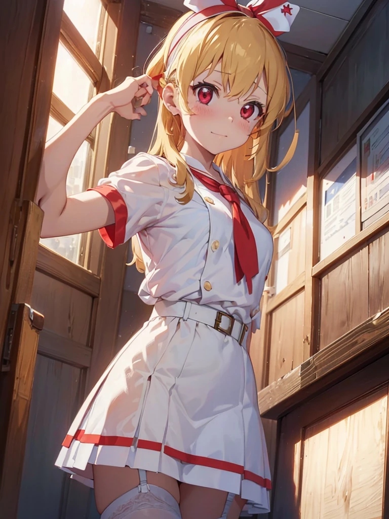 (red ribbon on hairband:1.2),masterpiece, best quality, highres, 1girl, solo, Blonde hair, RED eyes, High resolution, good lighting, , (No nudity), (nurse,white nurse uniform,white shirt:1.3),(open clothes:1.2),(ass out:1.2),(skirt pulled:1.2),(white thighhighs:1.1),, (turn around and look back), (((pointy_dss,from below))),, (((squatting:0.7))), (garter belt), abdomen only, (), , cute face,embarrassed and blush, humiliating, ((See-through))()(T-back)(a large amount of is on the body,)