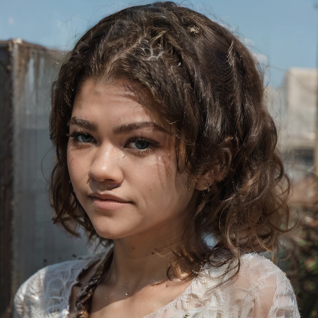 realistic portrait, zendaya with white hair and pigtails and crystal clear blue eyes. 