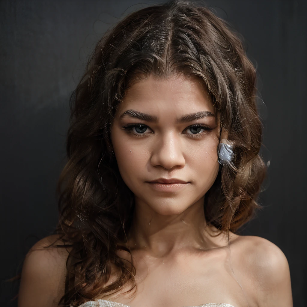 realistic portrait, zendaya with white hair and pigtails and crystal clear blue eyes.