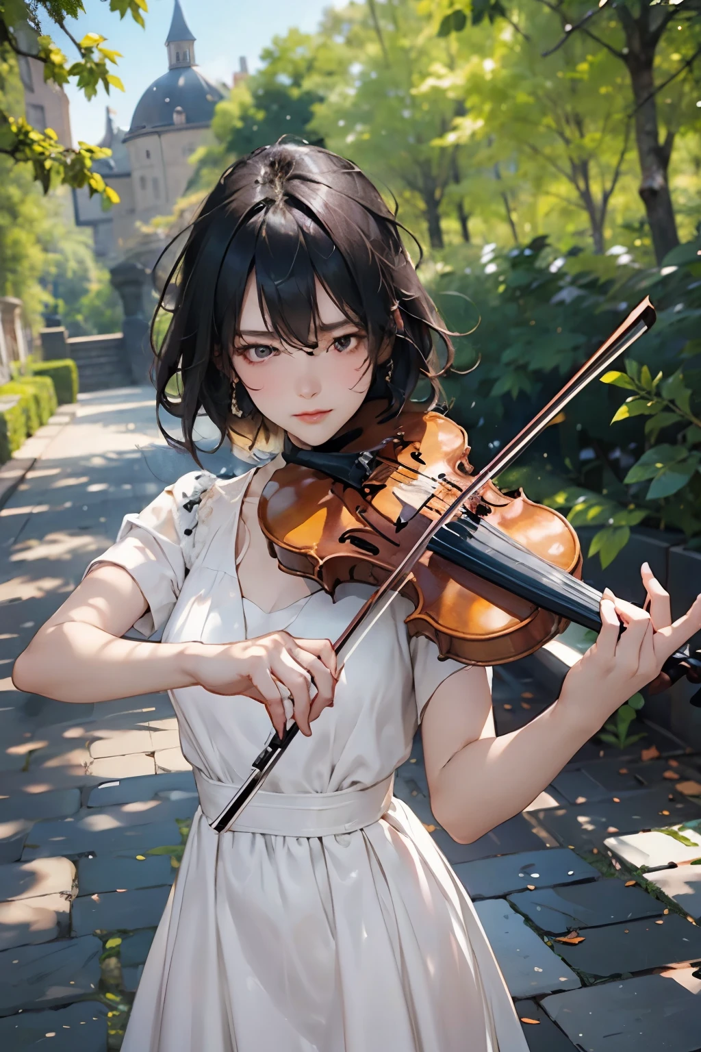 1 Female、20-year-old woman、Playing the violin、Perfect Anatomy,Beautiful light and shadow, ,Beautiful white skin, Black Hair,Mid-chest, slim、Violin Solo Concert, Simple and elegant classical dress、Serious face、Play the violin with all your might、British Castle Parks、Outdoor、masterpiece, Highest quality, detailed,、