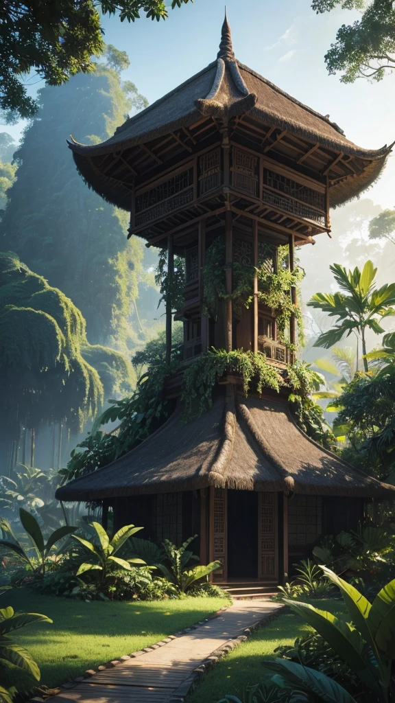 Create a lush jungle landscape painting with very realistic details Filled with towering trees, thick fog, and various dense tropical plants. In the middle of the forest, there are three traditional Indonesian Javanese huts and a long-haired woman in a white dress. The atmosphere is calm and peaceful, but also mysterious and secretive. It has a portrait orientation and uses a striking and saturated green color. Detailed matte painting by Michael James Smith, winner of the Shutterstock contest, photorealism, stunning.