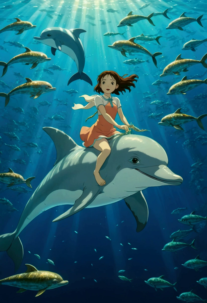 Ghibli Underwater Dolphin surrounded by fish Girl riding a dolphin
