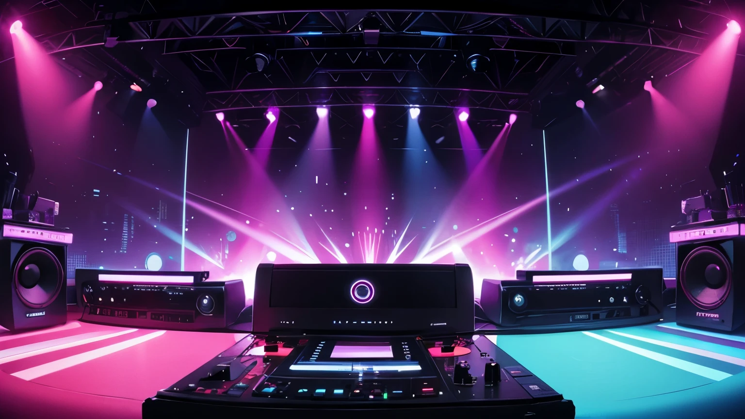 create a disk environment on 70,80s , eletronic style, stage, lights, power speakers,sound amplifiers,equalizers, no figures no environment, color lights decoration, unique disco, dj equipment in the center playing alone
