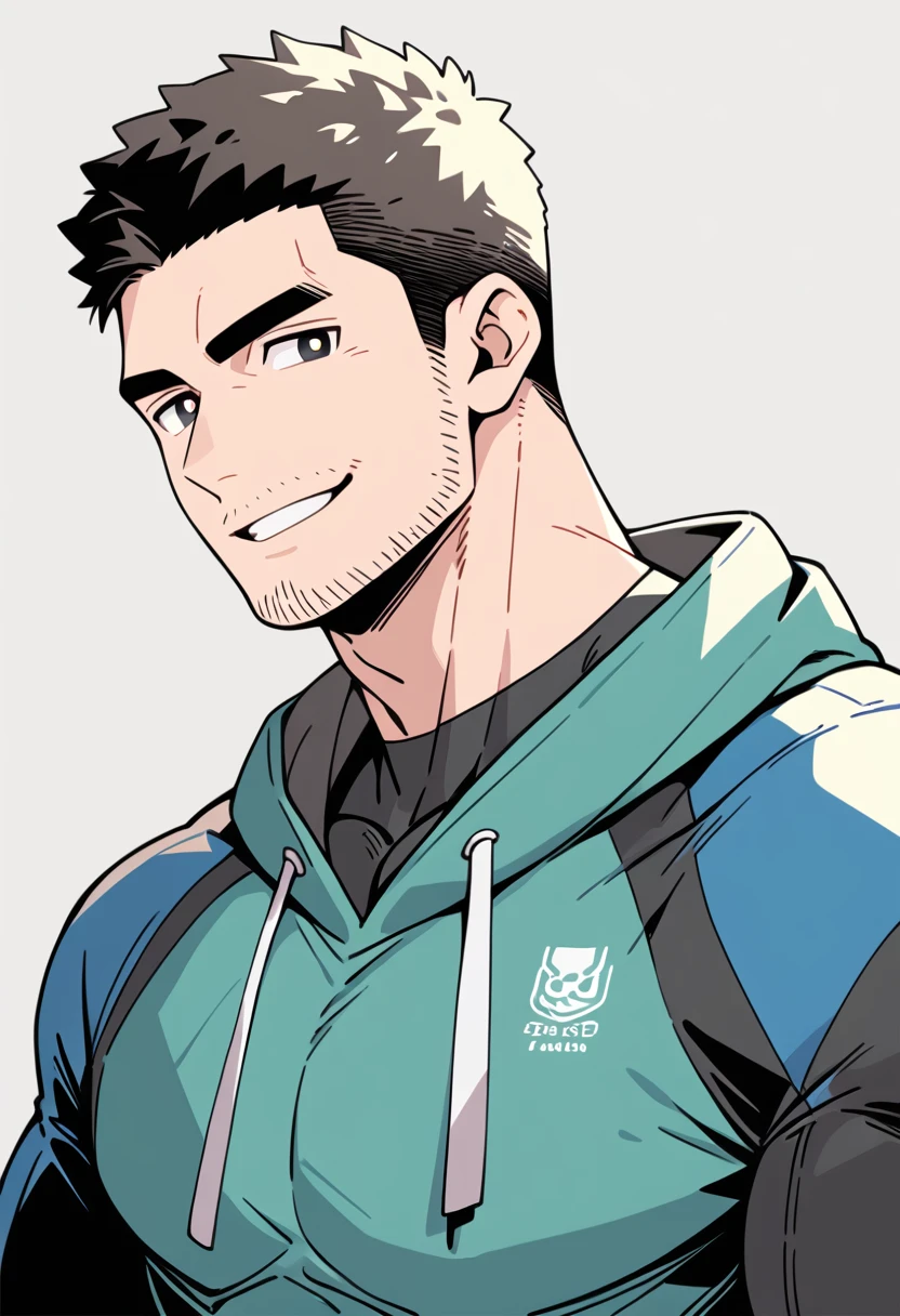 anime characters:Chris Redfield, Muscle Sports Student, Buzz Cut, Manliness, male focus, Sports tight hooded sweatshirt, Wear a black high-necked tights inside, Very tight, Huge chest muscles, muscular male, muscular, only, Upper body, alone, Red short hair, Thick eyebrows, stubble, Brown-red pupils, White background, simple background, amazing quality, best aesthetics, Ridiculous, crew cut, parted lips, smirk, bright pupils, negative space, best quality
