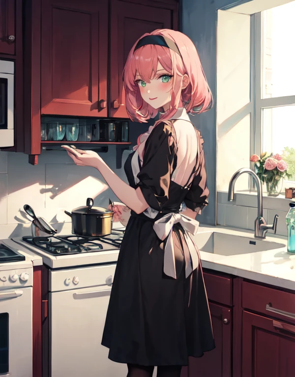 best quality, masterpiece, highres, solo, 1girl,  detailed face, mature face, Imagine Anya Forger as an adult, (27 years old:1.5), Pink hair, green eyes, lukewarm smile, blushing cheeks, mascara, red lipstick, black dress with white collar, headband, black tights, white apron, high heels, indoors, kitchen, standing, leaning behind kitchen counter, looking at the viewer, anime_style, 47
