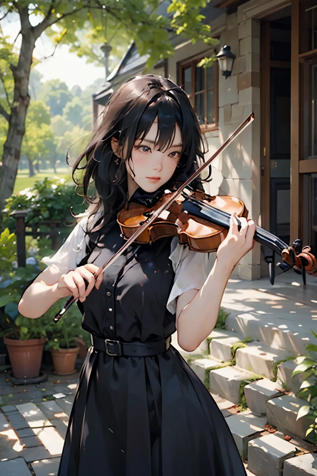 1 Female、20-year-old woman、Playing the violin、Perfect Anatomy,Beautiful light and shadow, ,Beautiful white skin, Black Hair,Mid-chest, slim、Violin Solo Concert, Simple and elegant classical dress、Serious face、Play the violin with all your might、British Castle Parks、Outdoor、masterpiece, Highest quality, detailed,、