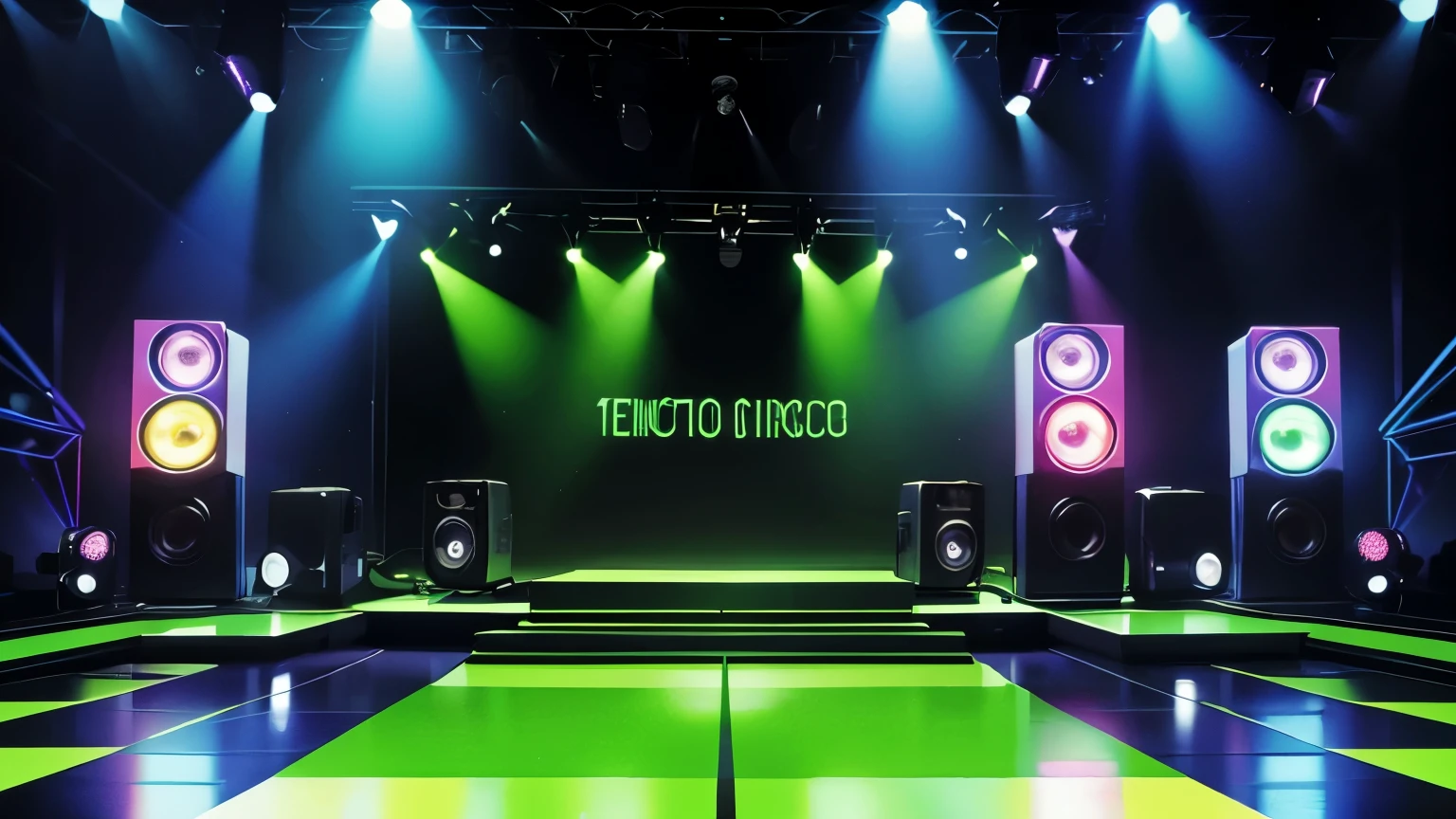 criar um ambiente de disco on 70,80s , eletronic style, stage, lights, power speakers,amplicadores de som,equelizadores, no figures no ambiente, color lights decoration, unique disco, cores verdes, amarelas