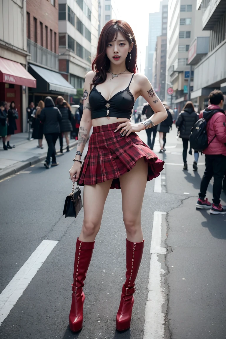 absurdres, RAW photo, extremely delicate and beautiful, masterpiece, Best Quality, ultra high resolution, 16k, hyperrealistic, realistic, photorealistic, photo-realistic, ultra-detailed, perfect anatomy, super Detailed skin, perfect figure, Very detailed CG 8k wallpaper, nude, pussy, shaved pussy, nipple, perfect nipple, perfect round breast, perfect fingers, (full body :1.2), white skin, standing, blushing, windy, sexy leg, smile, puffy hair, bangs, long leg, (nude girls), messy hair, flat bangs, sexy lips, cute hair, no bra, from below, all hands down, open mouth, all nude, all hands down, kpop idol, idol group, same tall girls, sunny day, sunlight, sexy pose, sexy standing, all hands down, bottomless, pussy, vagina, , no wearing panties, no wearing bra, show pussy, show vagina, socks, sun light, medium round breast, perfect medium round breast, gothic boots, punk shoes, gothic skirt, gothic make up, gothic hairstyle, punk girls, punk skirt, full body tattoo girls, bottomless, show pussy, full colour tattoo, red lips, open mouth, red skirt, green colour hair, on street carnaval, cosplay party event, sexy pose standing