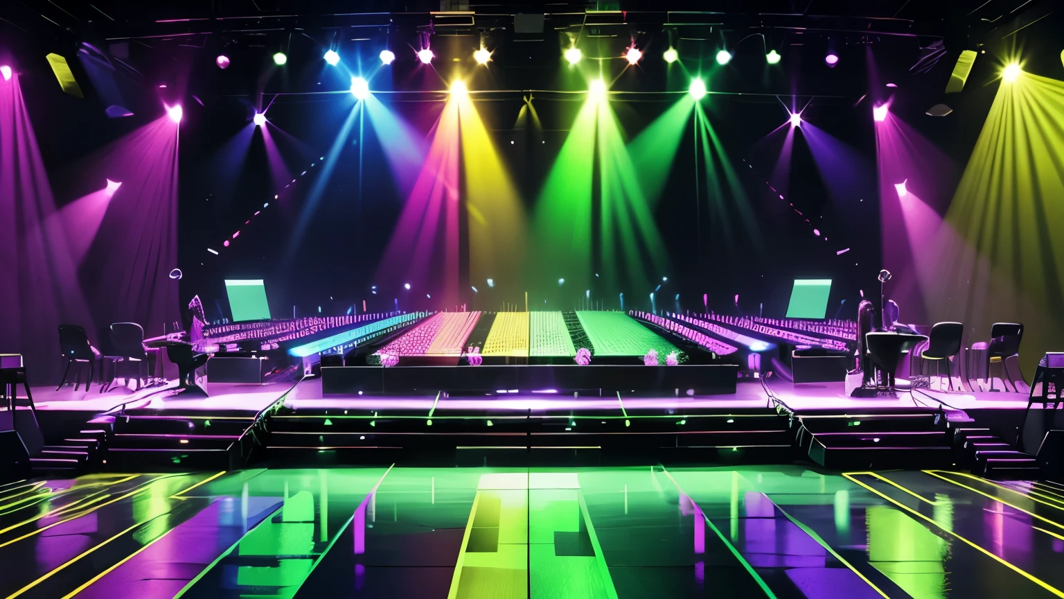 criar um ambiente de disco on 70,80s , eletronic style, stage, lights, power speakers,amplicadores de som,equelizadores, no figures no ambiente, color lights decoration, unique disco, cores verdes, amarelas